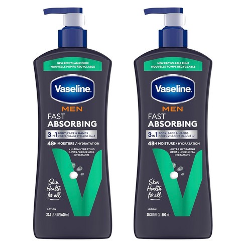 바세린 맨 24-아워 모이스처 바디 & 페이스 로션 패스트 앱소빙, 600ml, 2개